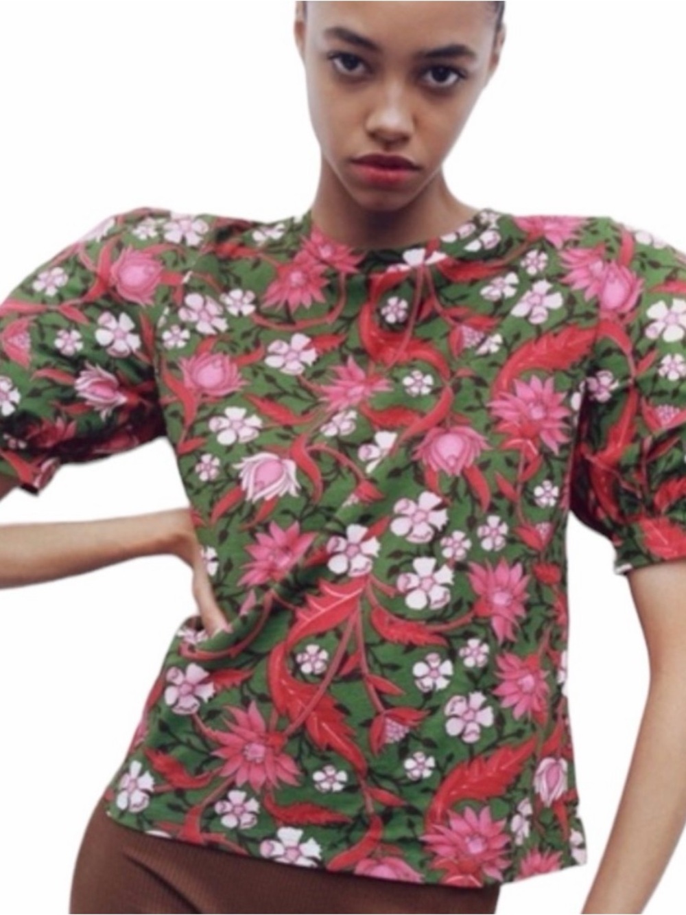 Zara Green Floral Puff Tie-Sleeve Tee with Pink Blooms
